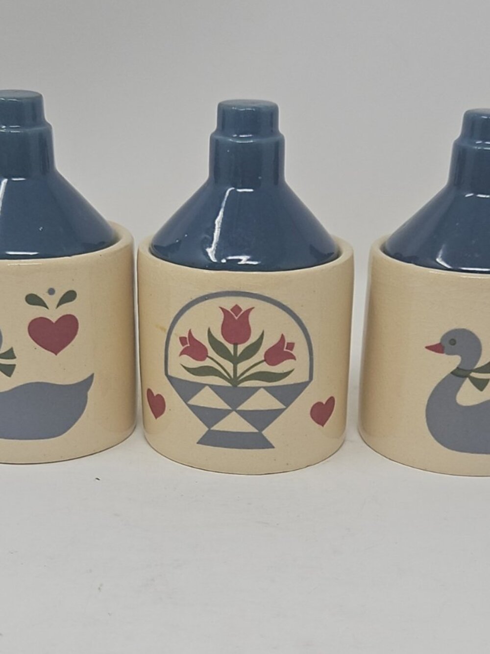 3 Vintage 1980s Grannycore Geese Floral Quilt Heart Mini Lidded Canister Jugs 4"